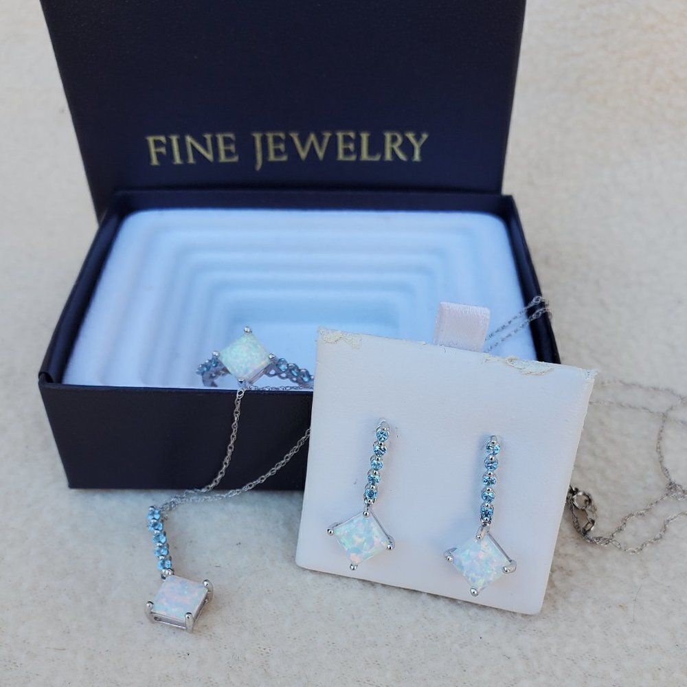 10K lab created opal necklace, earrings, and ring set